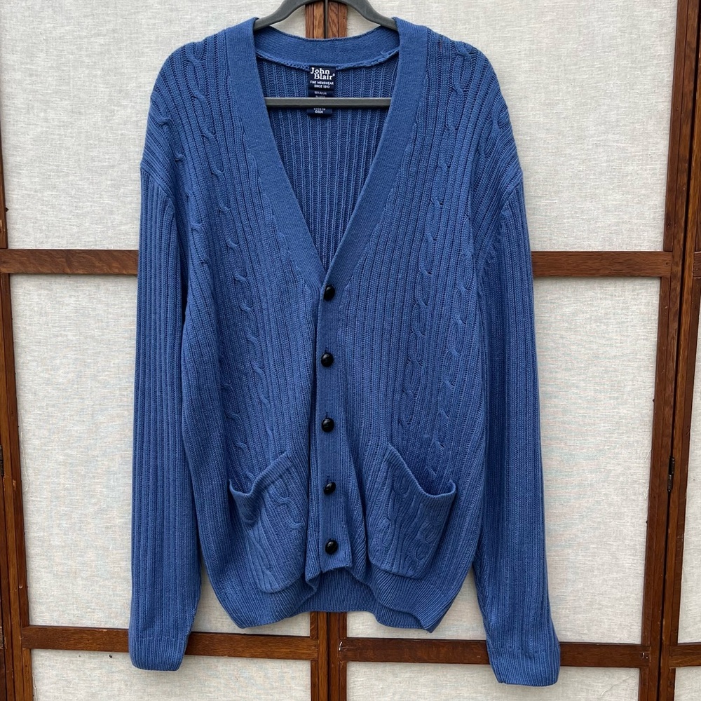 John Blair Vintage Cable Knit Men's Blue Cardigan Sweater - XL
